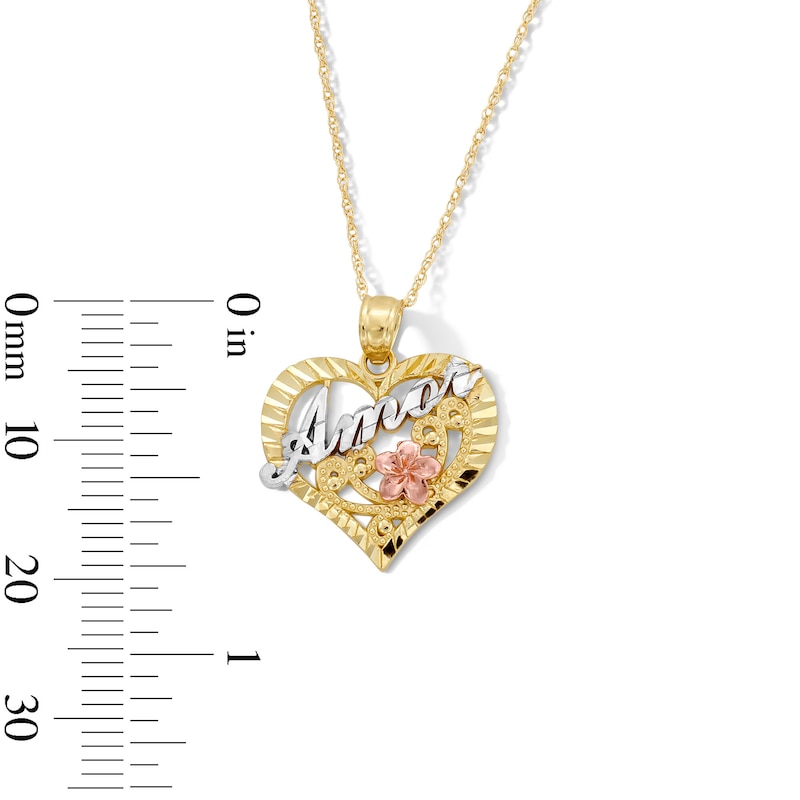 Main Image 3 of Diamond-Cut “Amor” Heart Pendant in 10K Tri-Tone Gold