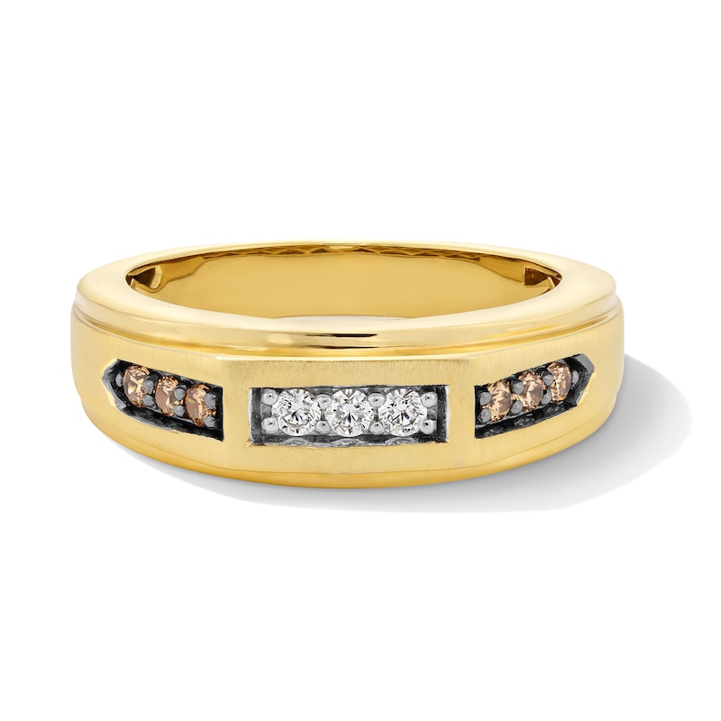 Main Image 1 of 1/4 CT. T.W. Brown and White Diamond Trio Stepped Edge Band in 10K Gold