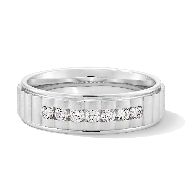 Main Image 1 of Men's 1/3 CT. T.W. Diamond Seven Stone Satin Groove Band in 10K White Gold - Size 10