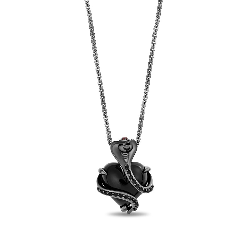 Main Image 1 of Enchanted Disney Villains Jafar Heart-Shaped Onyx, Garnet and Black Diamond Snake Pendant in Black Sterling Silver - 19"