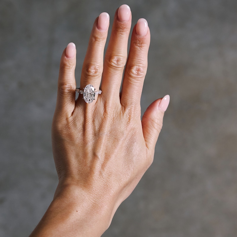 Main Image 2 of 7 CT. T.W. Oval Certified Lab-Grown Diamond Scallop Shank Engagement Ring in 14K White Gold (F/VS2)