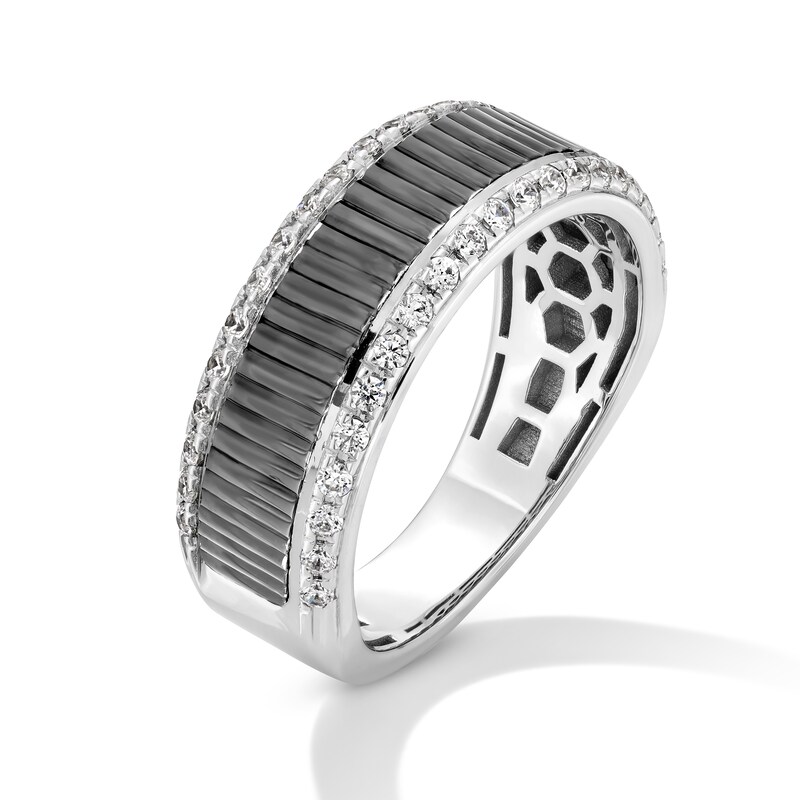 Main Image 2 of Men's 1/2 CT. T.W. Diamond Edge Textured Band in 10K White Gold and Black Rhodium - Size 10