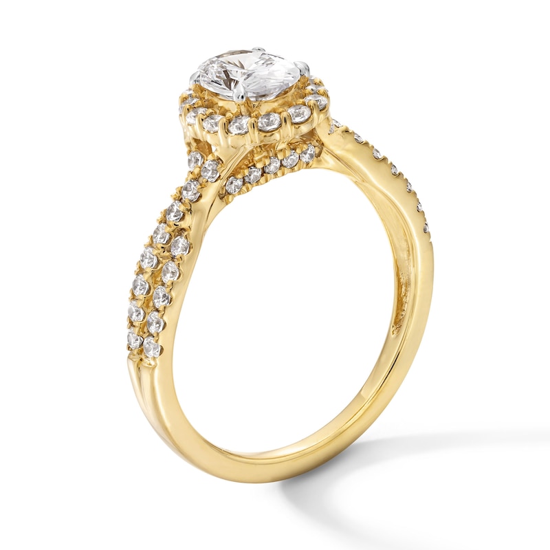 Main Image 2 of 1 CT. T.W. Oval Certified Lab-Grown Diamond Frame Crossover Shank Engagement Ring in 14K Gold (F/SI2)