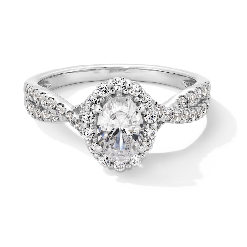 Main Image 1 of 1 CT. T.W. Oval Certified Lab-Grown Diamond Frame Crossover Shank Engagement Ring in 14K White Gold (F/SI2)