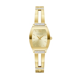 Ladies' Caravelle by Bulova Modern Crystal Accent Gold-Tone IP Bangle Watch with Tonneau Champagne Dial (Model: 44L226)
