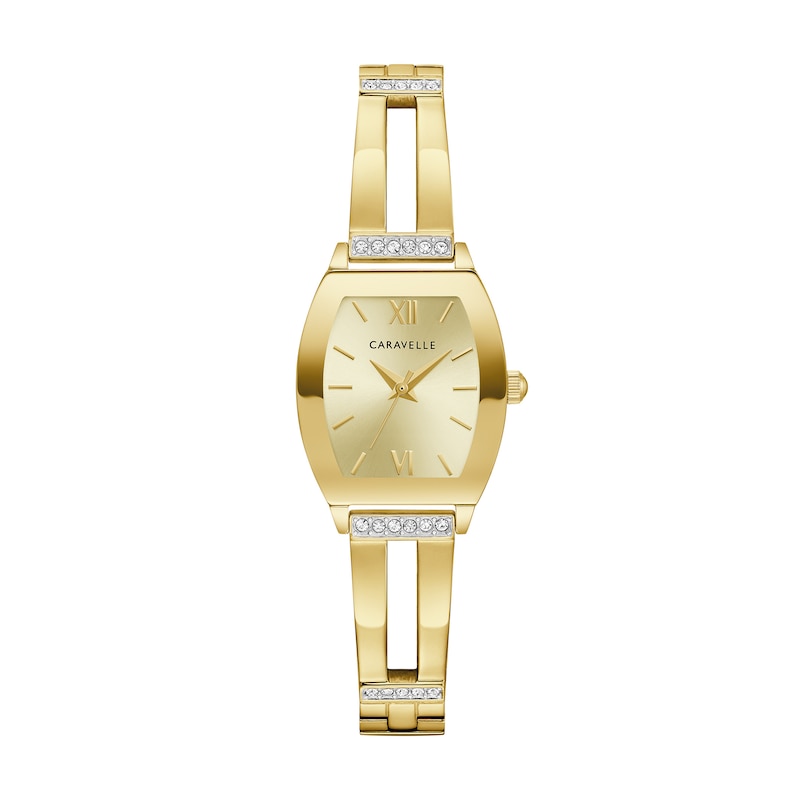 Main Image 1 of Ladies' Caravelle by Bulova Modern Crystal Accent Gold-Tone IP Bangle Watch with Tonneau Champagne Dial (Model: 44L226)