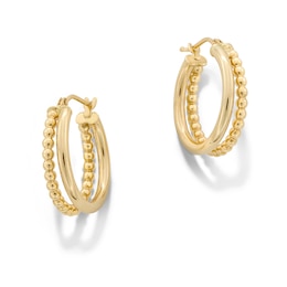 Beaded and Polished Split Double Hoop Earrings in Hollow 10K Gold