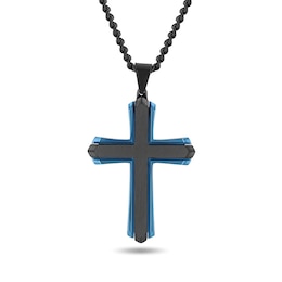 Layered Cross Pendant in Stainless Steel with Black and Blue Ion Plate - 24”