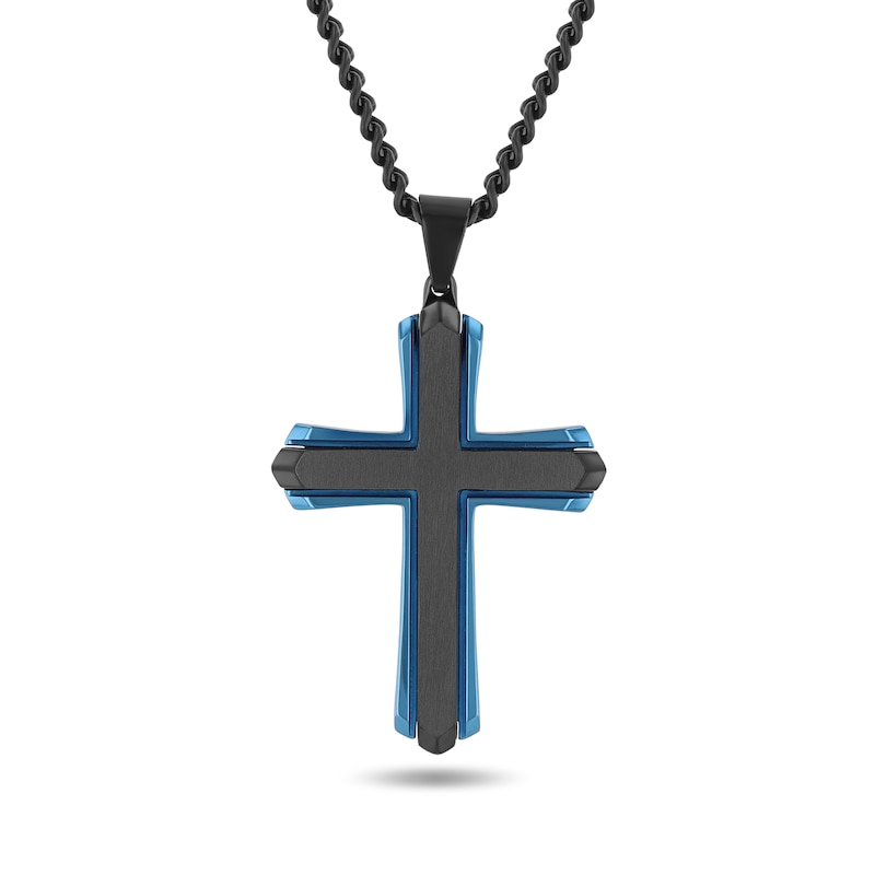 Main Image 1 of Layered Cross Pendant in Stainless Steel with Black and Blue Ion Plate - 24”