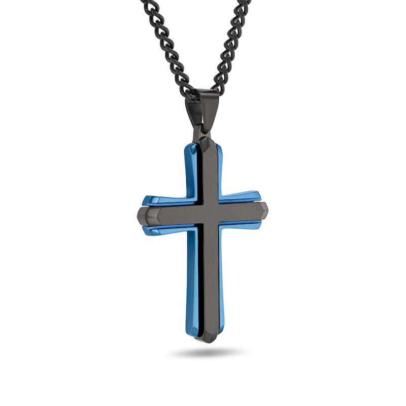 Main Image 2 of Layered Cross Pendant in Stainless Steel with Black and Blue Ion Plate - 24”