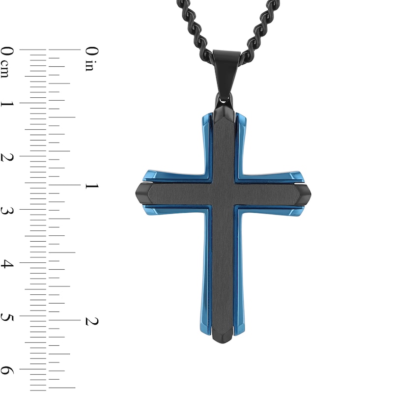 Main Image 4 of Layered Cross Pendant in Stainless Steel with Black and Blue Ion Plate - 24”