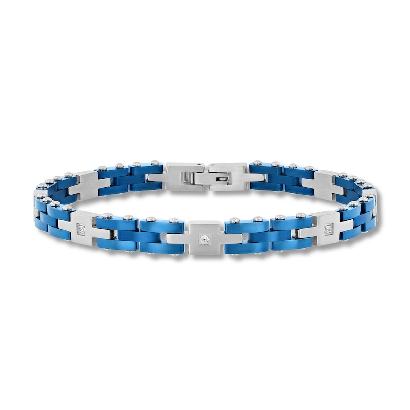 Main Image 1 of 1/10 CT. T.W. Diamond Link Bracelet in Solid Stainless Steel and Blue Ion Plate - 8.37”