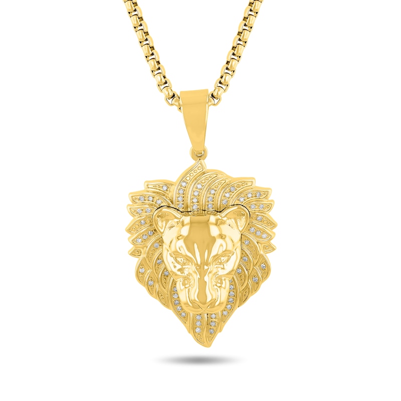 Main Image 1 of 1/4 CT. T.W. Diamond Lion Head Pendant in Stainless Steel with Yellow Ion Plate - 24”