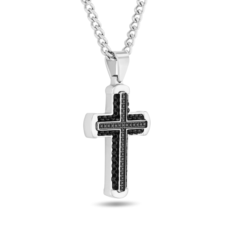 Main Image 2 of 1/4 CT. T.W. Black Diamond Cross Pendant in Stainless Steel and Black Ion Plate - 24”