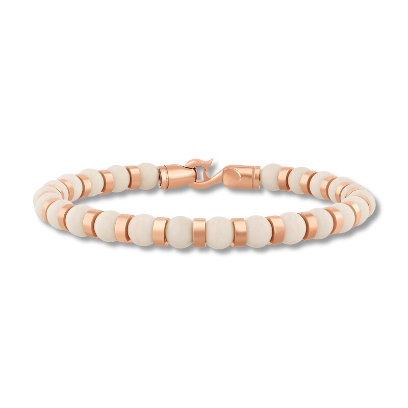 Main Image 1 of 6.0mm Cream Jasper Bead Strand Bracelet in Solid Stainless Steel with Rose Ion Plate - 8.5”