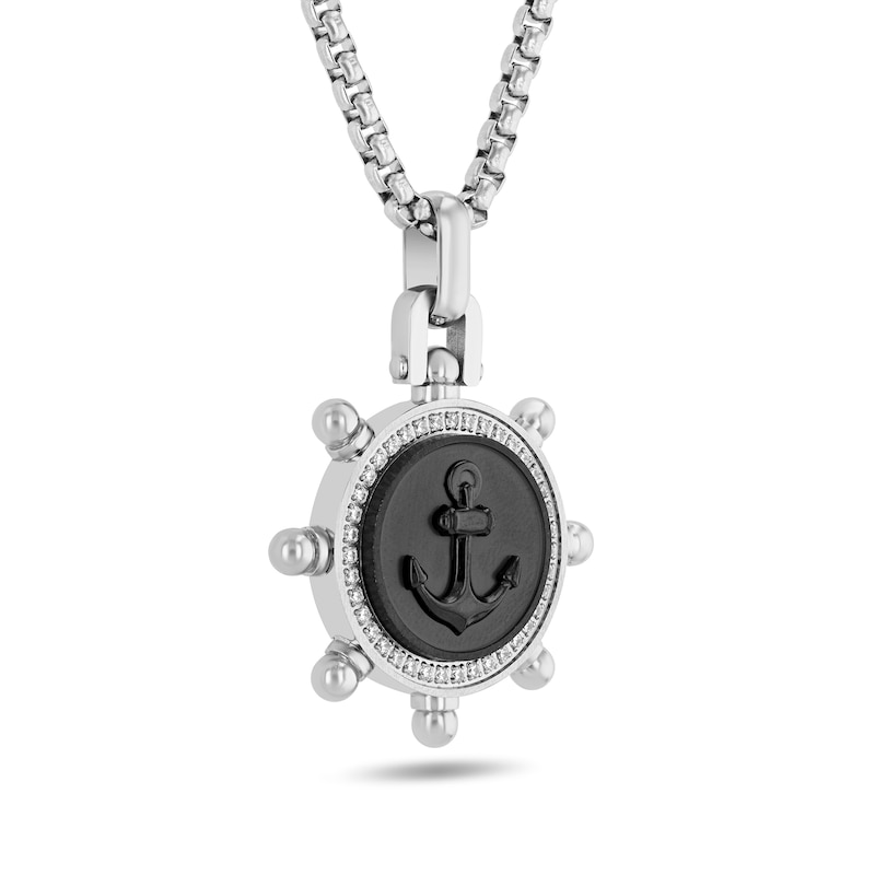 Main Image 2 of 1/4 CT T.W. Diamond Frame Anchor and Ship’s Wheel Pendant in Stainless Steel and Black Ion Plate - 24”
