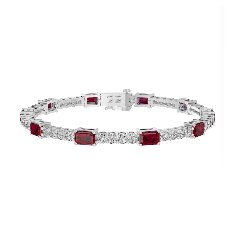 Main Image 1 of Emerald-Cut Lab-Created Ruby and White Lab-Created Sapphire Station Bracelet in Sterling Silver - 7.25”