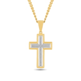 1/10 CT. T.W. Diamond Cross Pendant in Stainless Steel and Yellow Ion Plate - 24”