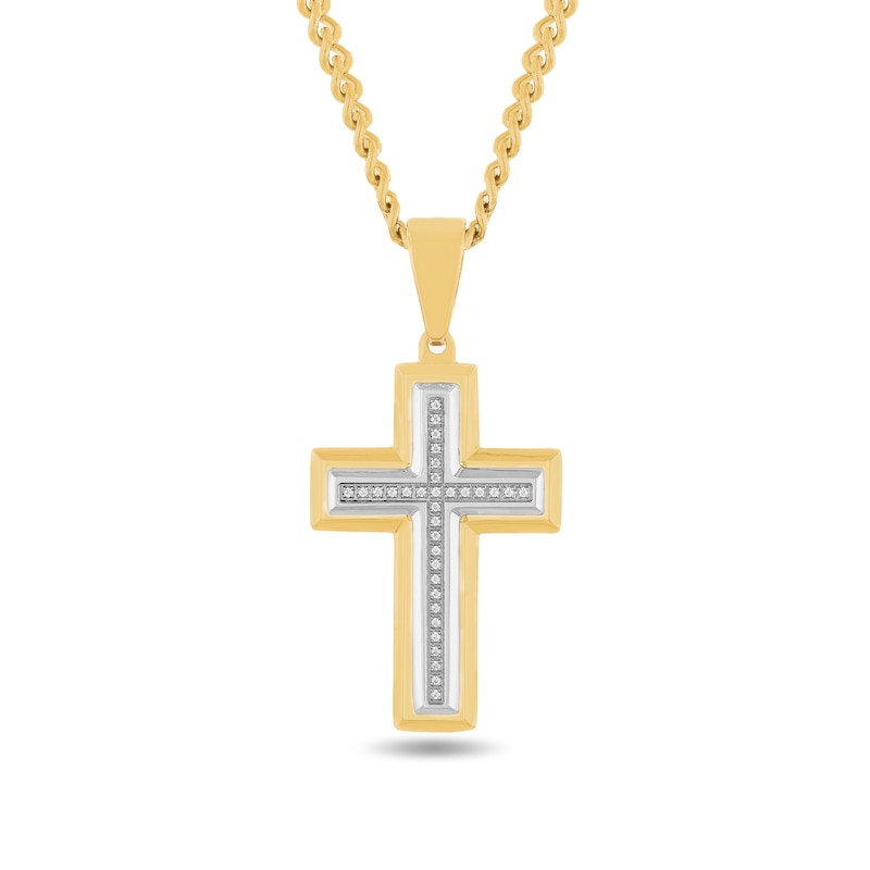Main Image 1 of 1/10 CT. T.W. Diamond Cross Pendant in Stainless Steel and Yellow Ion Plate - 24”