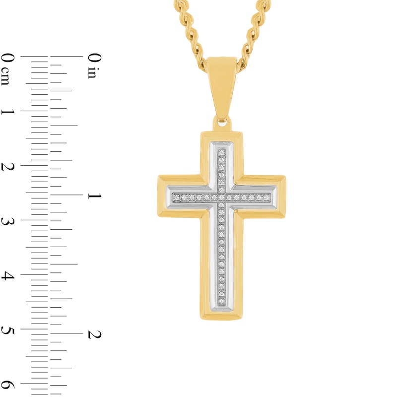 Main Image 4 of 1/10 CT. T.W. Diamond Cross Pendant in Stainless Steel and Yellow Ion Plate - 24”
