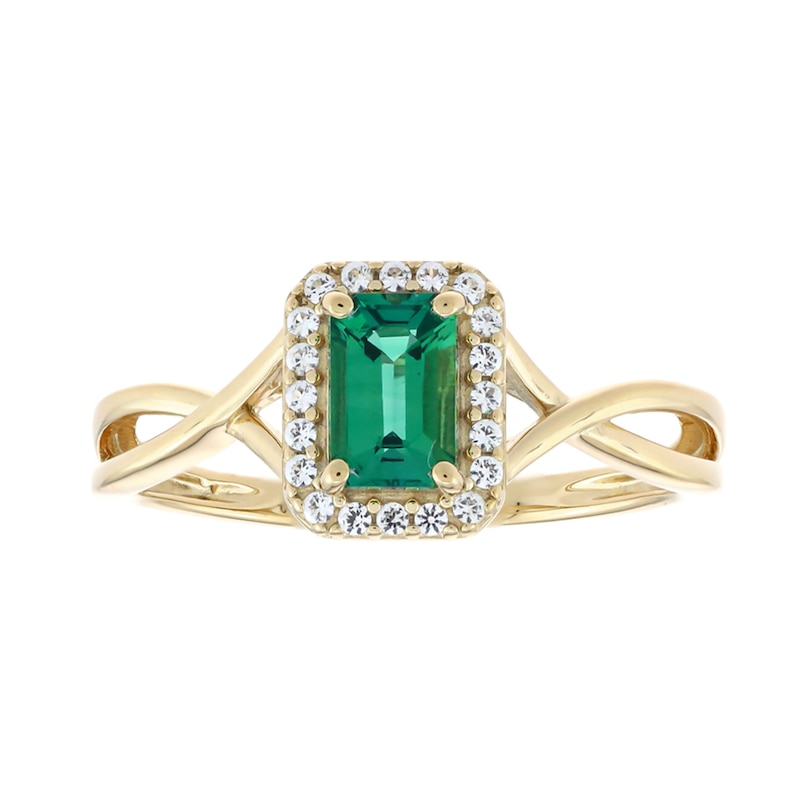 Main Image 1 of Emerald-Cut Lab-Created Emerald and White Lab-Created Sapphire Frame Ring in Sterling Silver with 14K Gold Plate