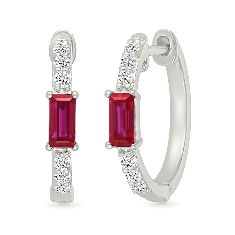 Main Image 1 of Baguette-Cut Lab-Created Ruby and White Lab-Created Sapphire Huggie Hoop Earrings in Sterling Silver