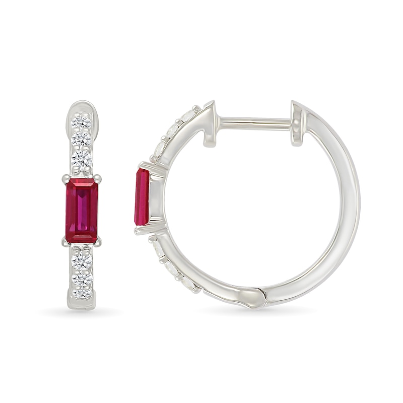 Main Image 2 of Baguette-Cut Lab-Created Ruby and White Lab-Created Sapphire Huggie Hoop Earrings in Sterling Silver