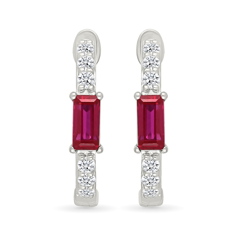 Main Image 3 of Baguette-Cut Lab-Created Ruby and White Lab-Created Sapphire Huggie Hoop Earrings in Sterling Silver