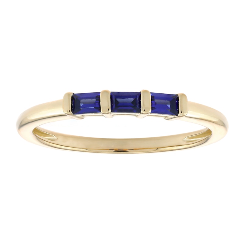 Main Image 1 of Baguette-Cut Ceylon Blue Lab-Created Sapphire Three Stone Band in Sterling Silver with 14K Gold Plate - Size 7