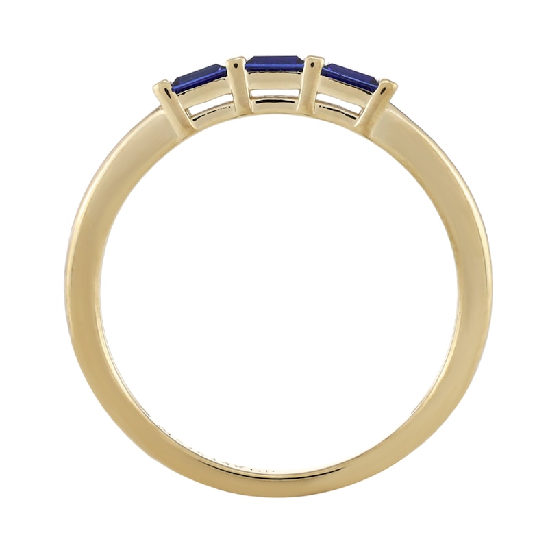 Main Image 2 of Baguette-Cut Ceylon Blue Lab-Created Sapphire Three Stone Band in Sterling Silver with 14K Gold Plate - Size 7