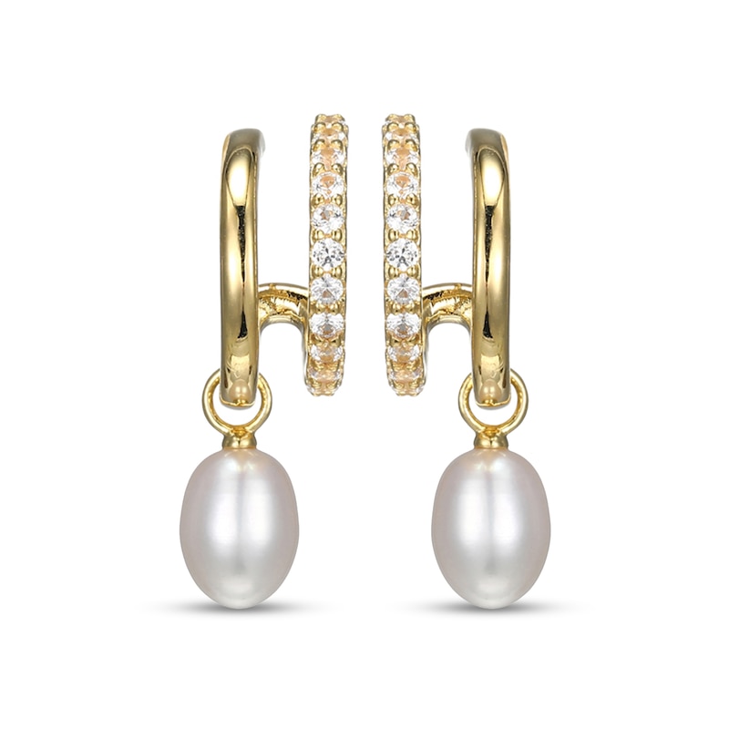 Main Image 1 of Freshwater Cultured Pearl and White Lab-Created Sapphire Huggie Hoop Earrings in Sterling Silver with 18K Gold Plate