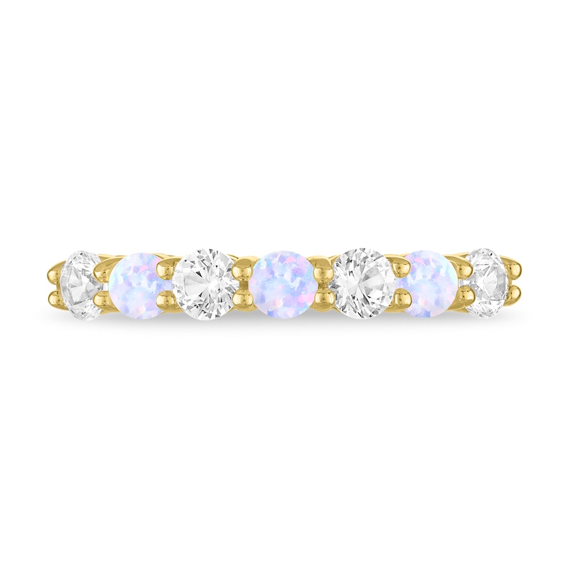 Main Image 1 of Lab-Created Opal and White Lab-Created Sapphire Alternating Band in Sterling Silver with 14K Gold Plate - Size 7