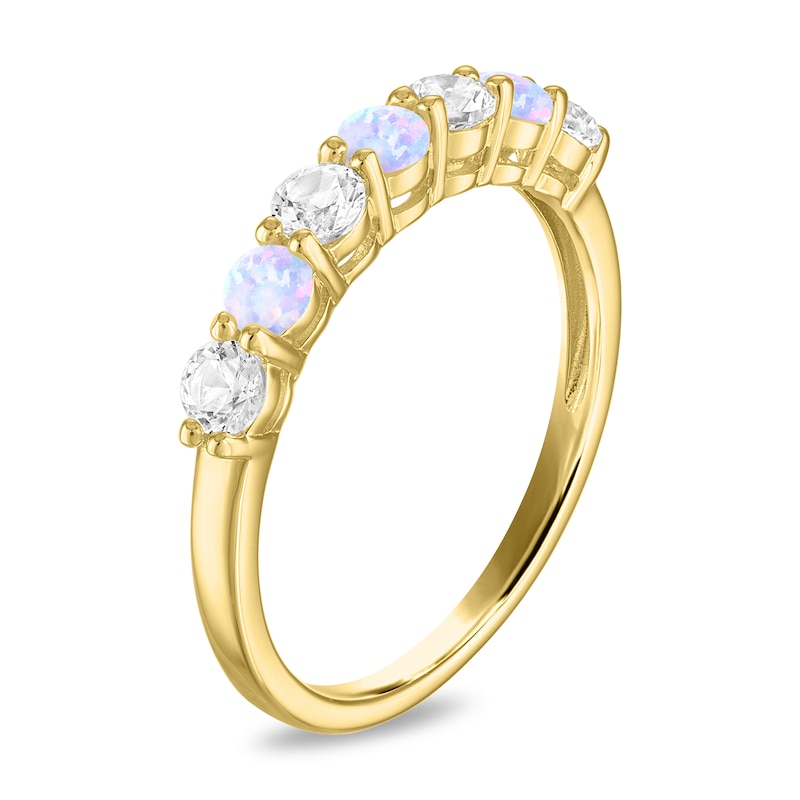 Main Image 2 of Lab-Created Opal and White Lab-Created Sapphire Alternating Band in Sterling Silver with 14K Gold Plate - Size 7