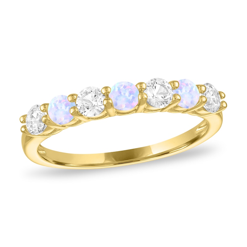 Main Image 3 of Lab-Created Opal and White Lab-Created Sapphire Alternating Band in Sterling Silver with 14K Gold Plate - Size 7