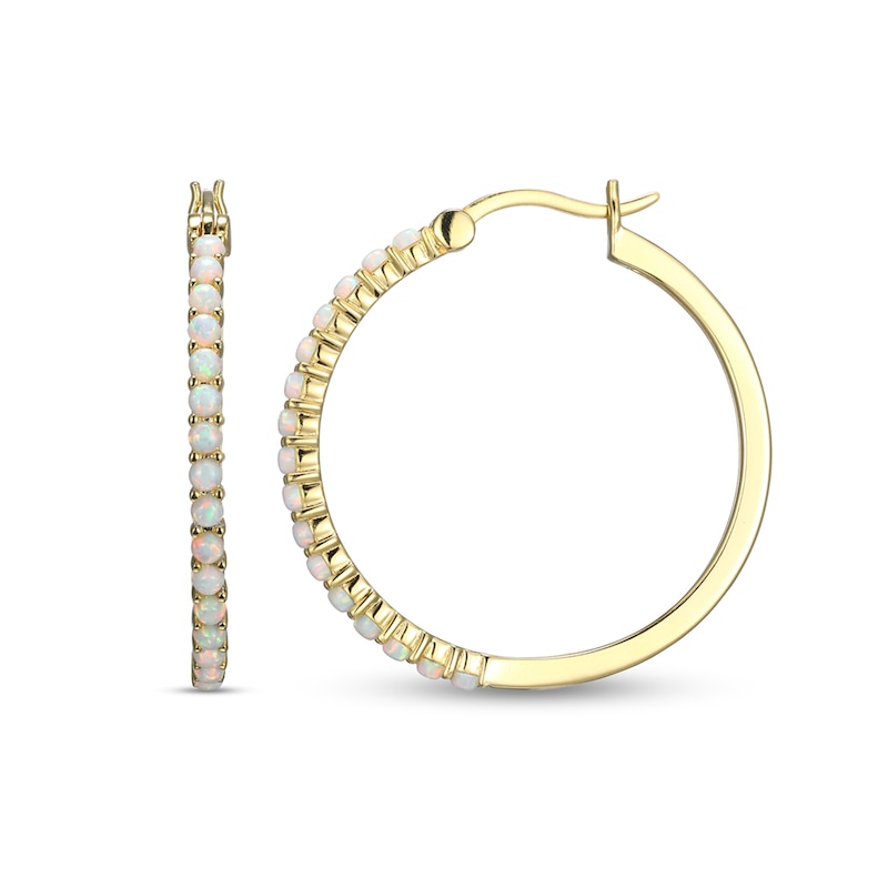 Main Image 2 of Lab-Created Opal Hoop Earrings in Sterling Silver with 18K Gold Plate