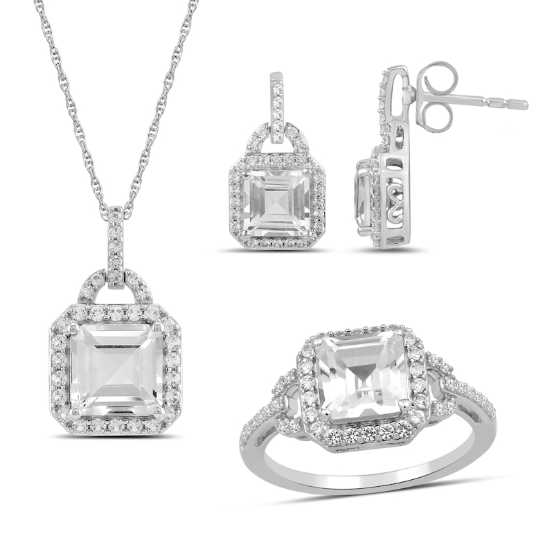 Main Image 1 of Emerald-Cut and Round White Lab-Created Sapphire Doorknocker Drop Pendant, Earrings and Ring Set in Sterling Silver