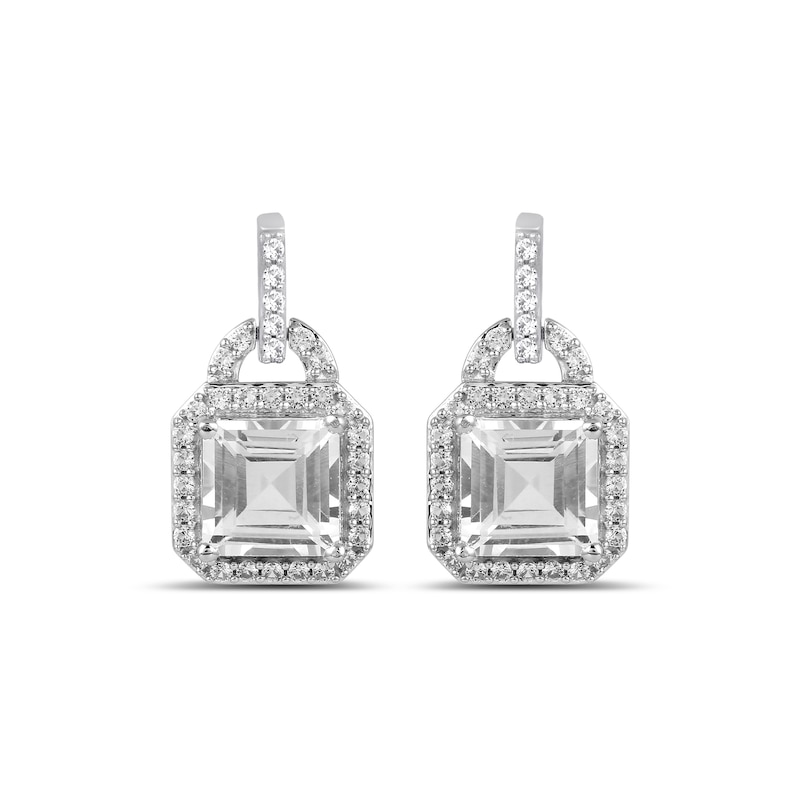 Main Image 4 of Emerald-Cut and Round White Lab-Created Sapphire Doorknocker Drop Pendant, Earrings and Ring Set in Sterling Silver