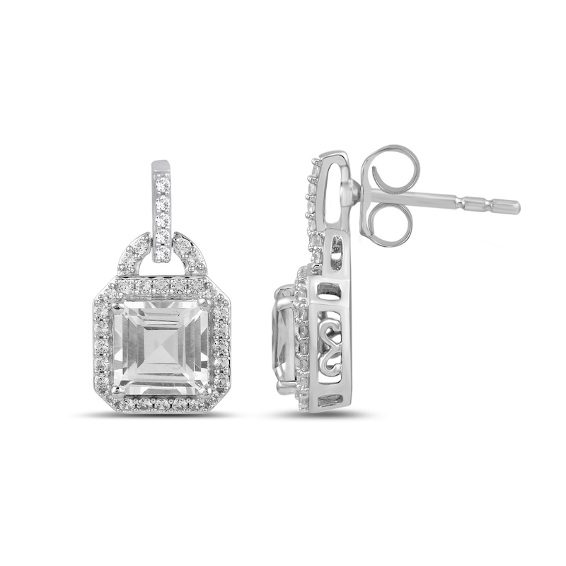 Main Image 5 of Emerald-Cut and Round White Lab-Created Sapphire Doorknocker Drop Pendant, Earrings and Ring Set in Sterling Silver