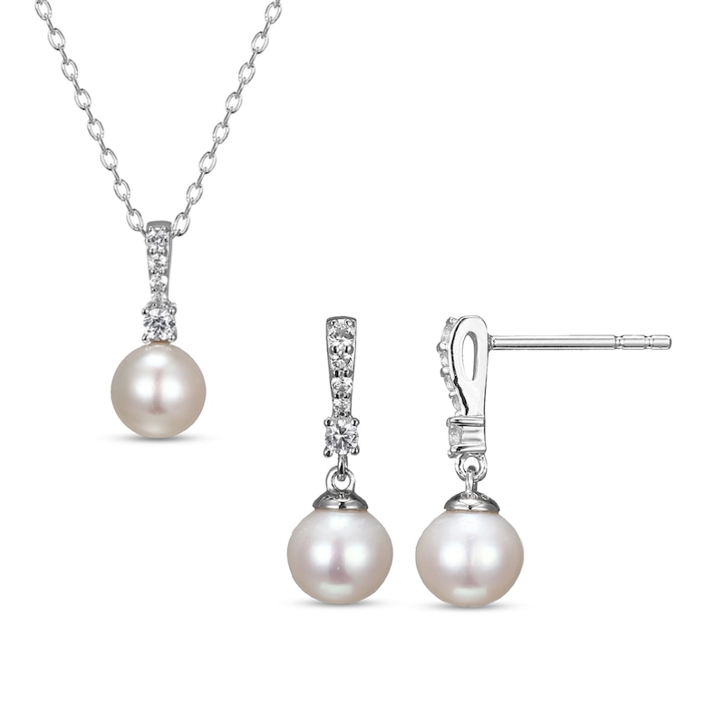 Main Image 1 of Freshwater Cultured Pearl and White Lab-Created Sapphire Drop Pendant and Earrings Set in Sterling Silver