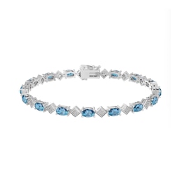 Oval Swiss Blue Topaz, White Lab-Created Sapphire and Diamond Accent Link Bracelet in Sterling Silver - 7.25”
