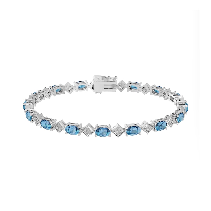 Main Image 1 of Oval Swiss Blue Topaz, White Lab-Created Sapphire and Diamond Accent Link Bracelet in Sterling Silver - 7.25”