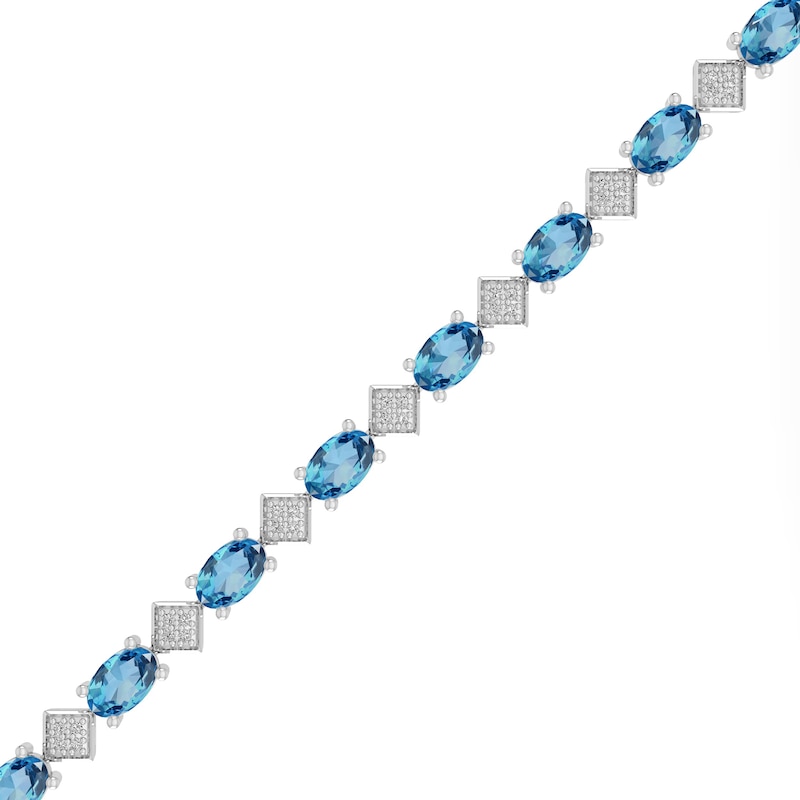 Main Image 2 of Oval Swiss Blue Topaz, White Lab-Created Sapphire and Diamond Accent Link Bracelet in Sterling Silver - 7.25”
