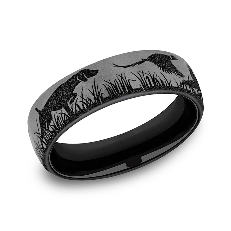 Main Image 1 of 6.5mm Matte Bird, Dog and Pheasant Engravable Wedding Band in Two-Tone Titanium (1-2 lines)