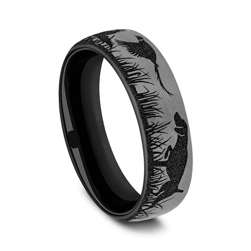Main Image 2 of 6.5mm Matte Bird, Dog and Pheasant Engravable Wedding Band in Two-Tone Titanium (1-2 lines)