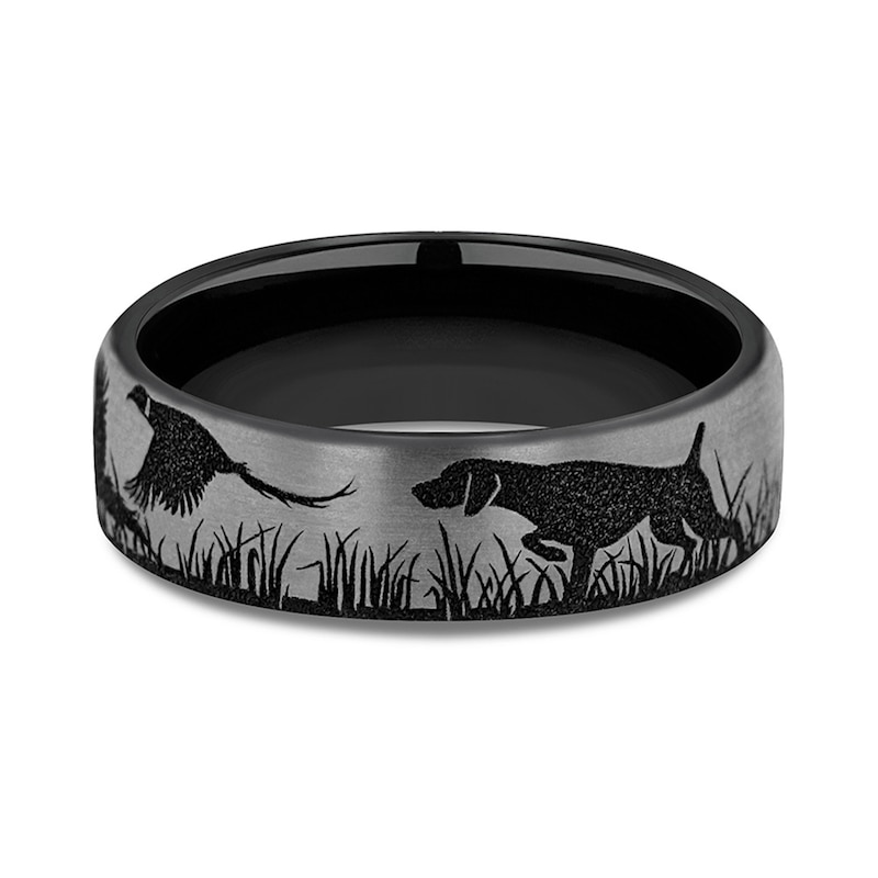 Main Image 3 of 6.5mm Matte Bird, Dog and Pheasant Engravable Wedding Band in Two-Tone Titanium (1-2 lines)