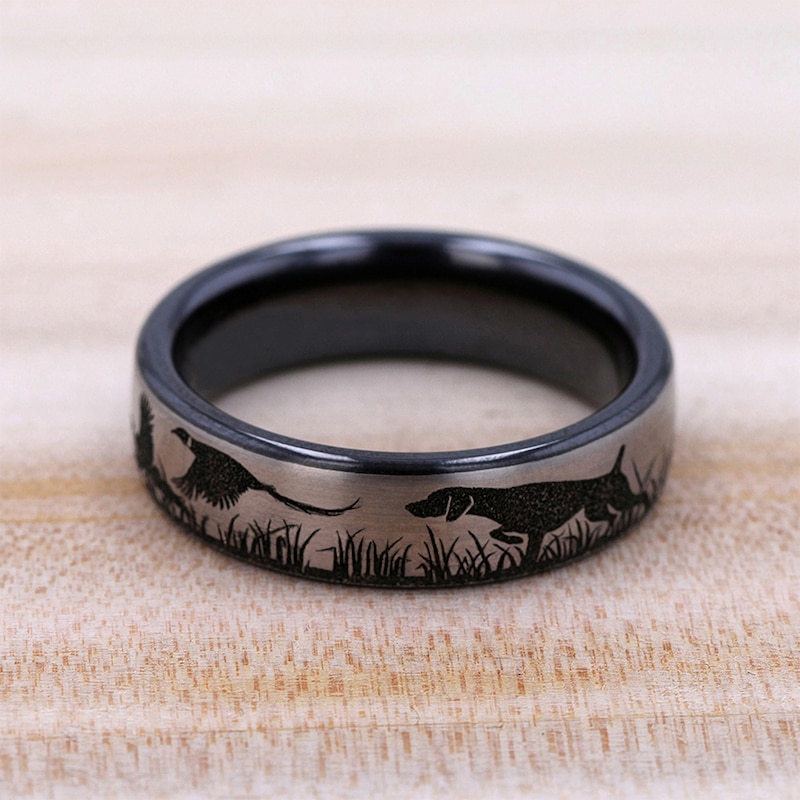 Main Image 4 of 6.5mm Matte Bird, Dog and Pheasant Engravable Wedding Band in Two-Tone Titanium (1-2 lines)