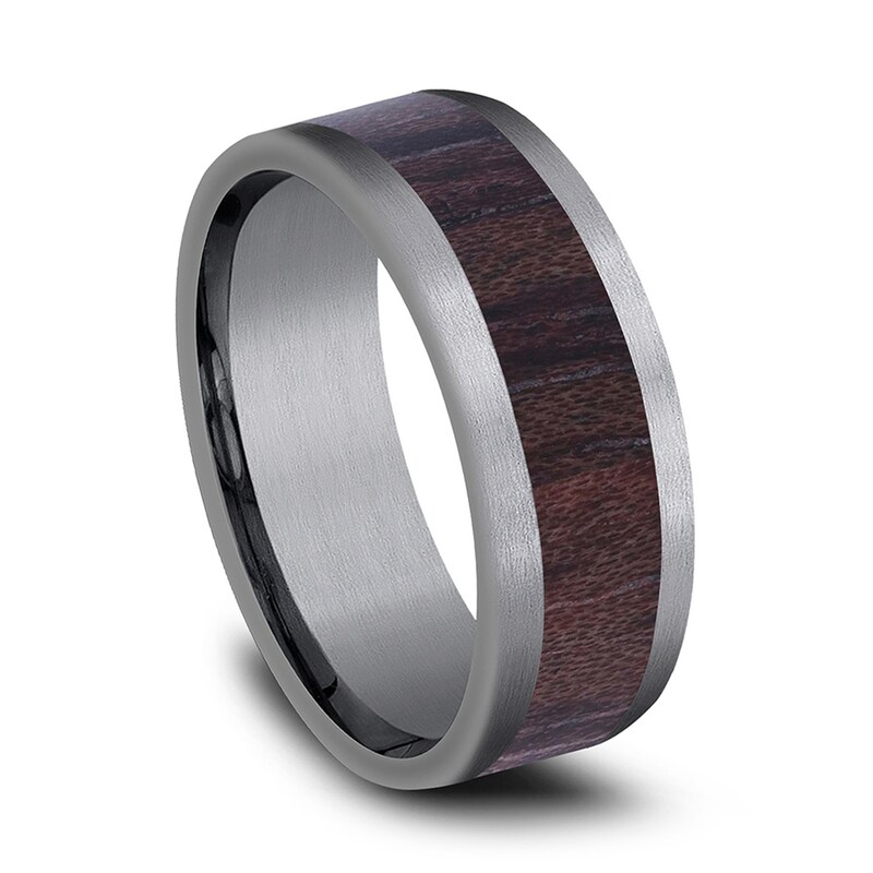 Main Image 2 of 8.0mm Matte Wood Inlay Engravable Wedding Band in Tantalum (1-2 lines)