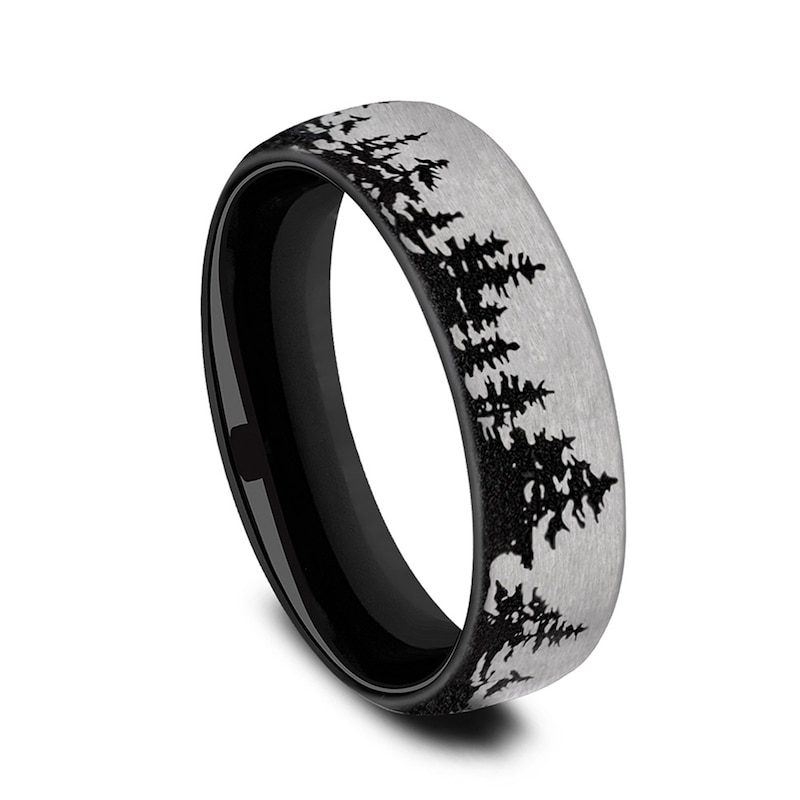 Main Image 2 of 6.5mm Matte Tree Line Engravable Wedding Band in Two-Tone Titanium (1-2 lines)