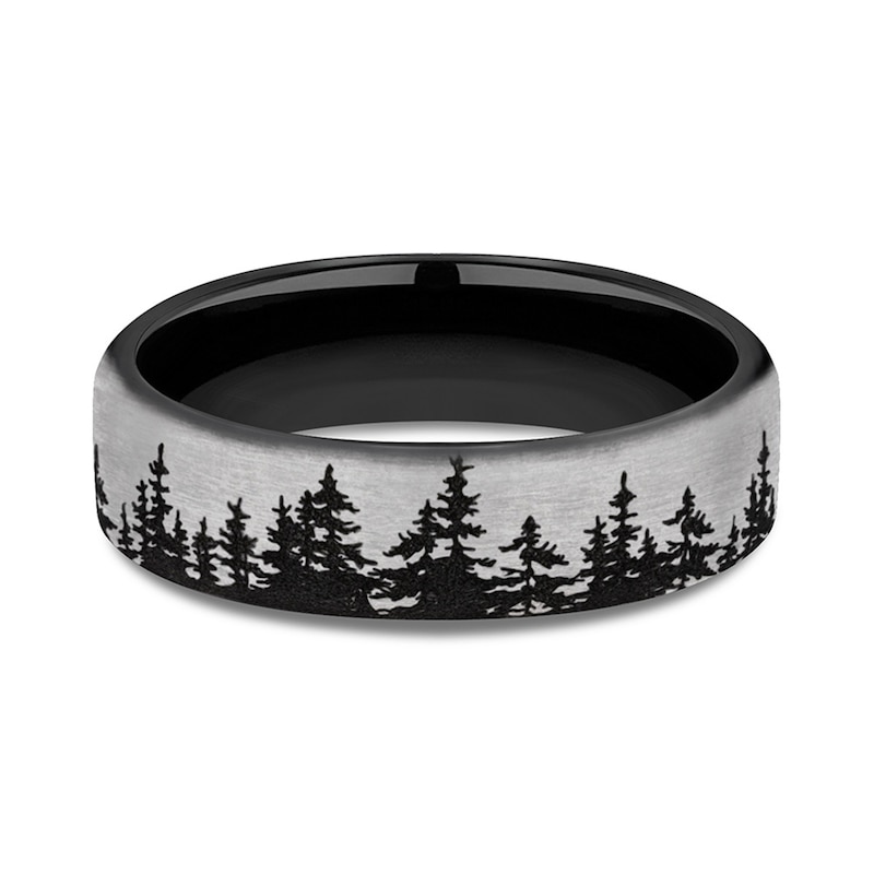 Main Image 3 of 6.5mm Matte Tree Line Engravable Wedding Band in Two-Tone Titanium (1-2 lines)