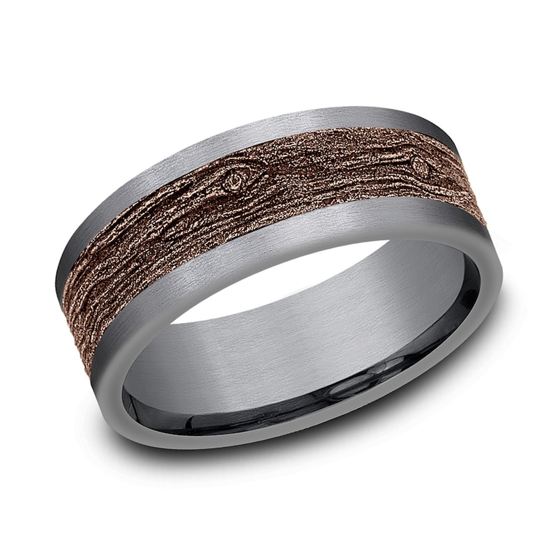 Main Image 1 of 8.0mm Matte Bark-Look Engravable Wedding Band in Tantalum and 14K Rose Gold (1-2 lines)